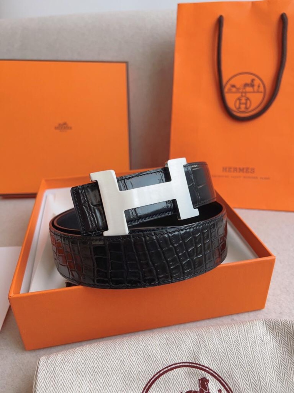 Black Croc-Embossed Leather Belt with Silver 'H' Buckle